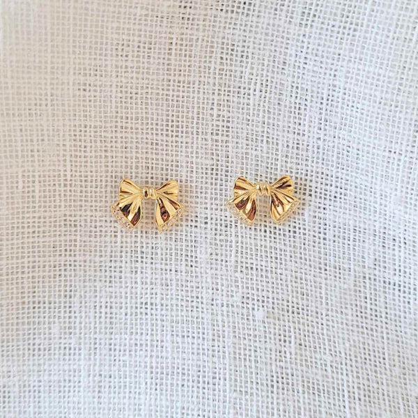 BOW Sterling Silver 18K Gold Plated Bow Cubic Zirconia Stud Earrings