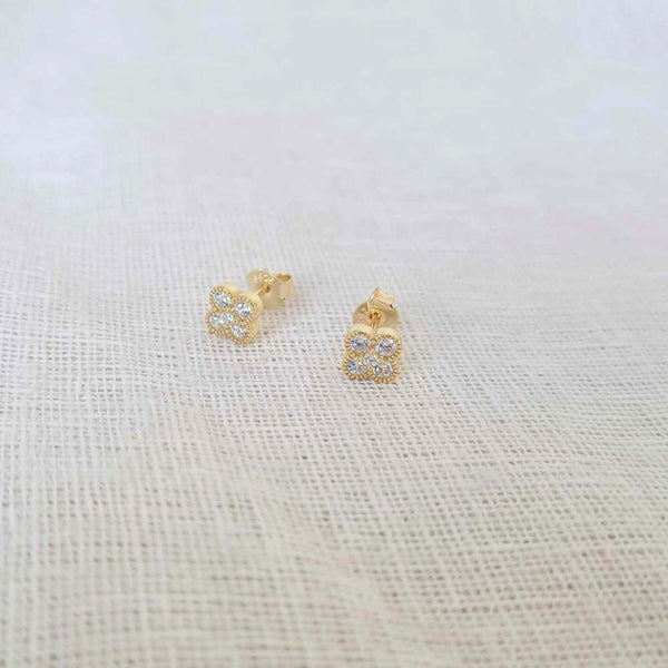 CLOVER Sterling Silver 18K Gold Plated Cubic Zirconia Stud Earrings