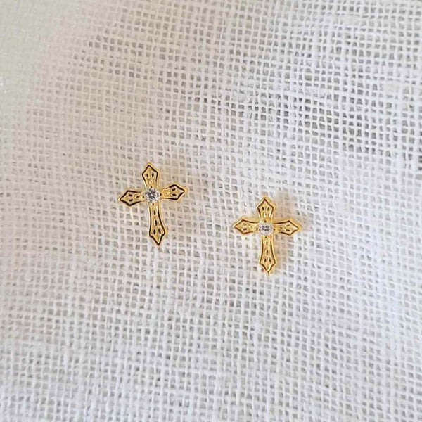 PRAY Sterling Silver 18K Gold Plated Cross Stud Earrings