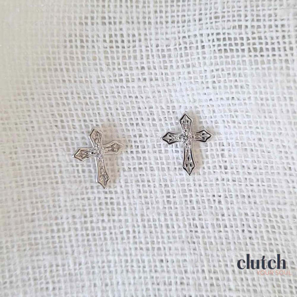 PRAY Sterling Silver Cross Stud Earrings