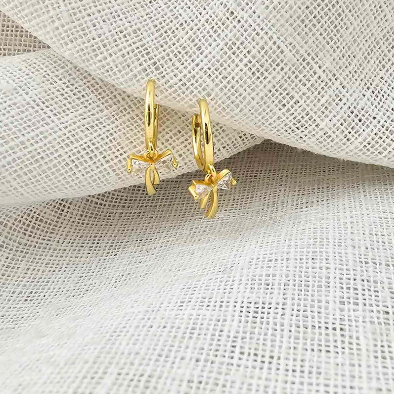 PARIS Sterling Silver 18K Gold Plated Bow Cubic Zirconia Hoop Earrings