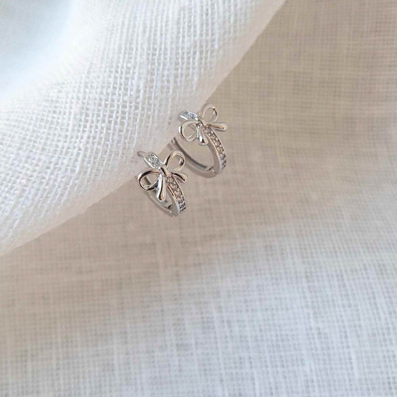 BOW Sterling Silver Bow Cubic Zirconia Hoop Earrings